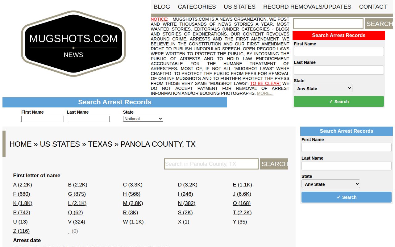 Mugshots.com Panola County search and first-letter navigation page
