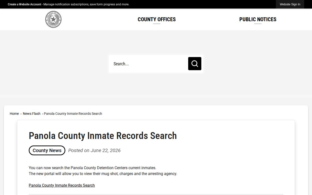 Panola County current inmate portal announcement for booking-record lookup