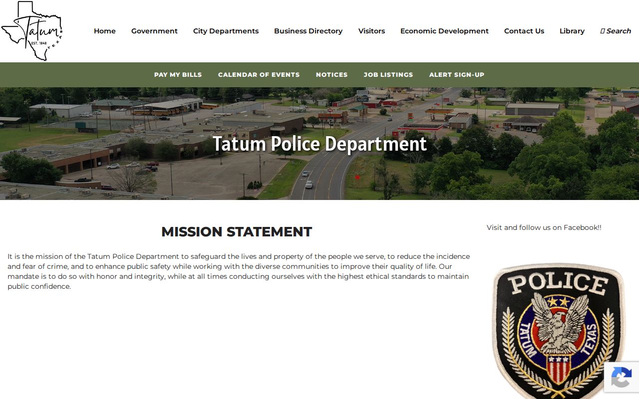 Tatum Police Department official page for Tatum arrest-record navigation